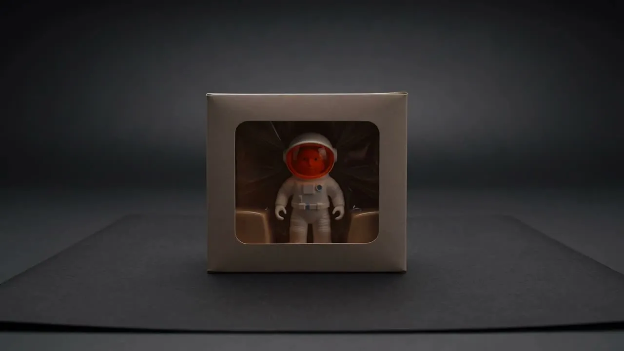Boxed astronaut, turntable spin, then a packaging reveal