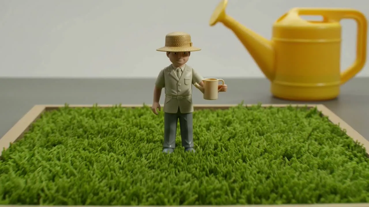 A gardener figure on moss framed for a landscape product shot