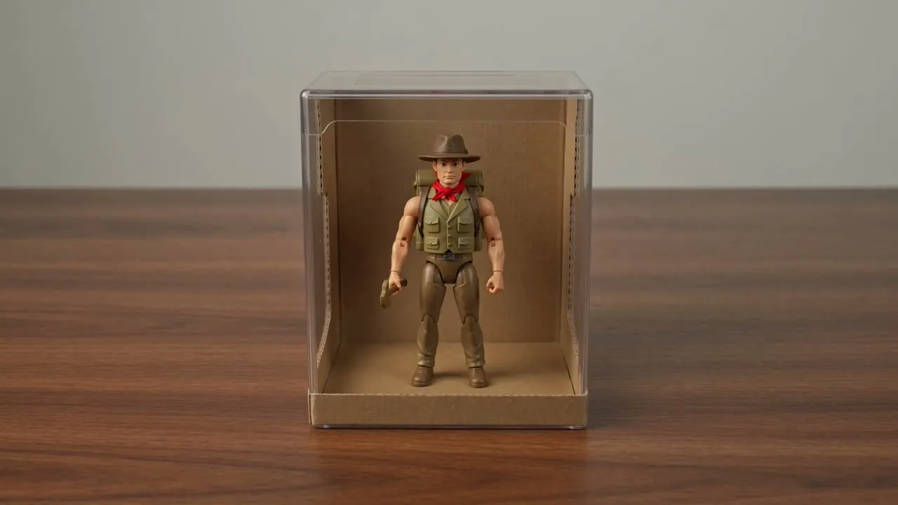 A boxed explorer figure becomes a turning collectible on a desk