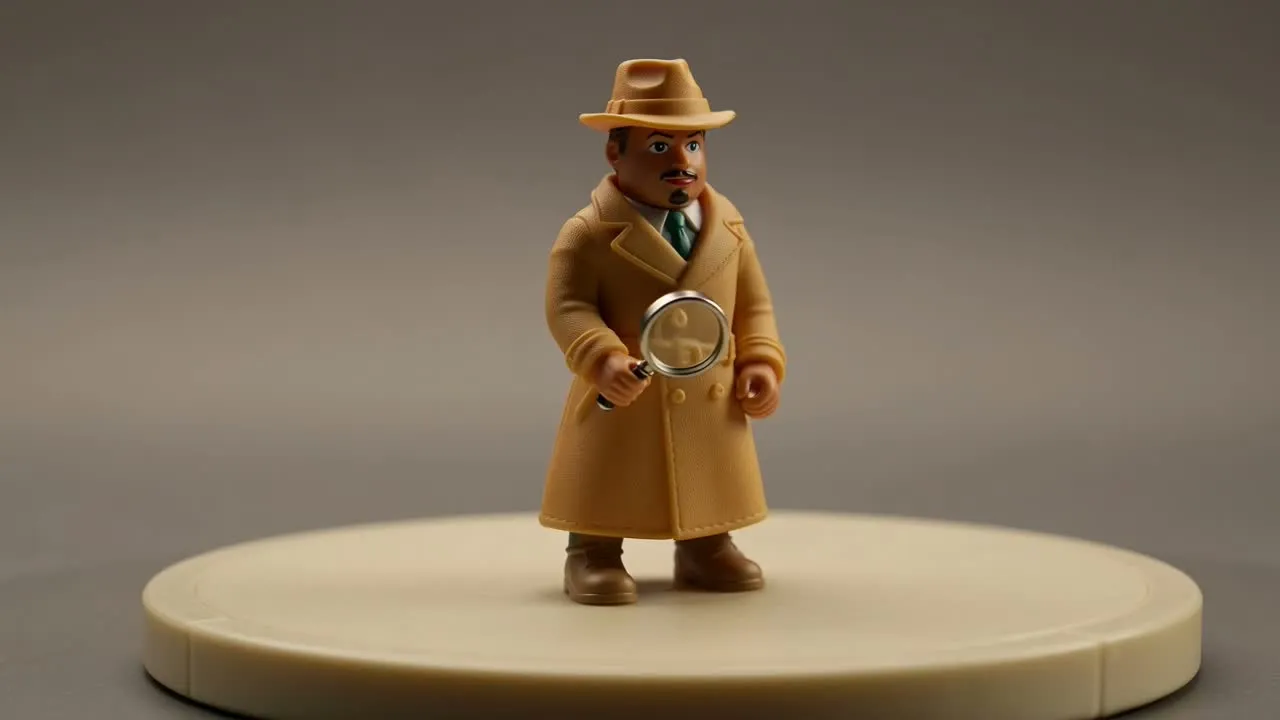 A detective figure rotates through front, profile, and back