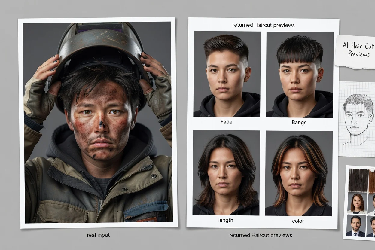 Planned before and after AI haircut preview on a portrait