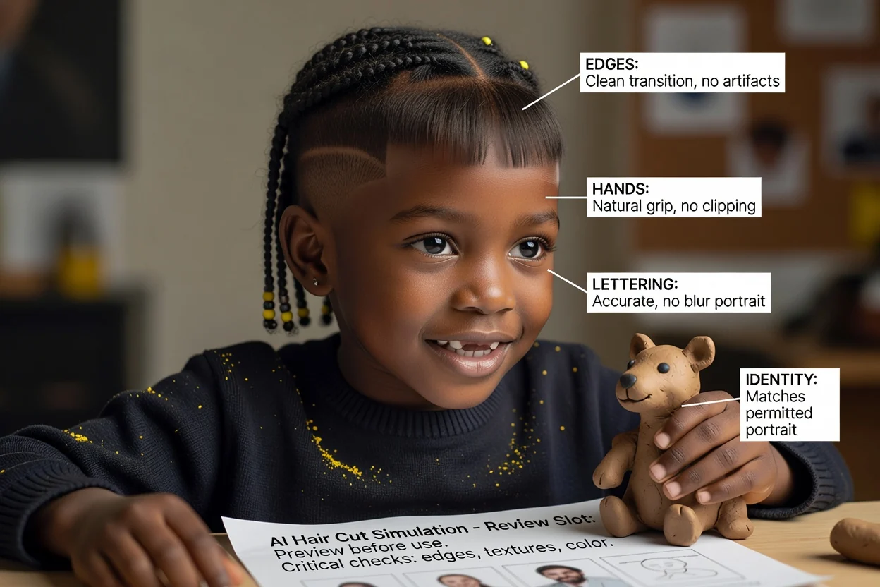 Planned close review of an AI haircut preview around the hairline and face