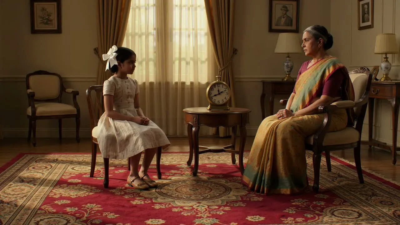 Grandmother and child in a parlor as the clock and light shift