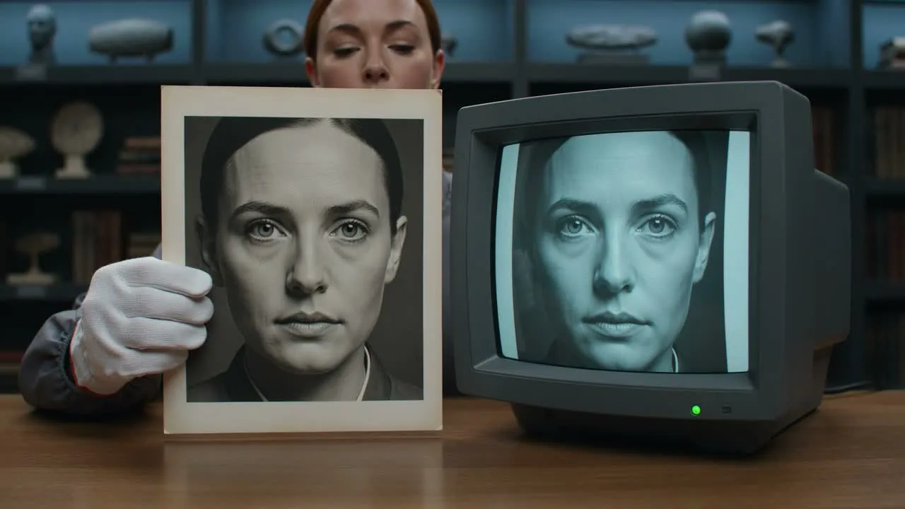 A gloved print held beside the moving picture on a CRT