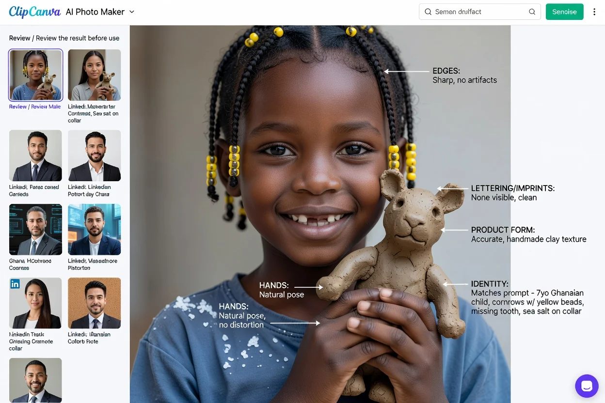 Planned close review of realistic AI photo details and product accuracy