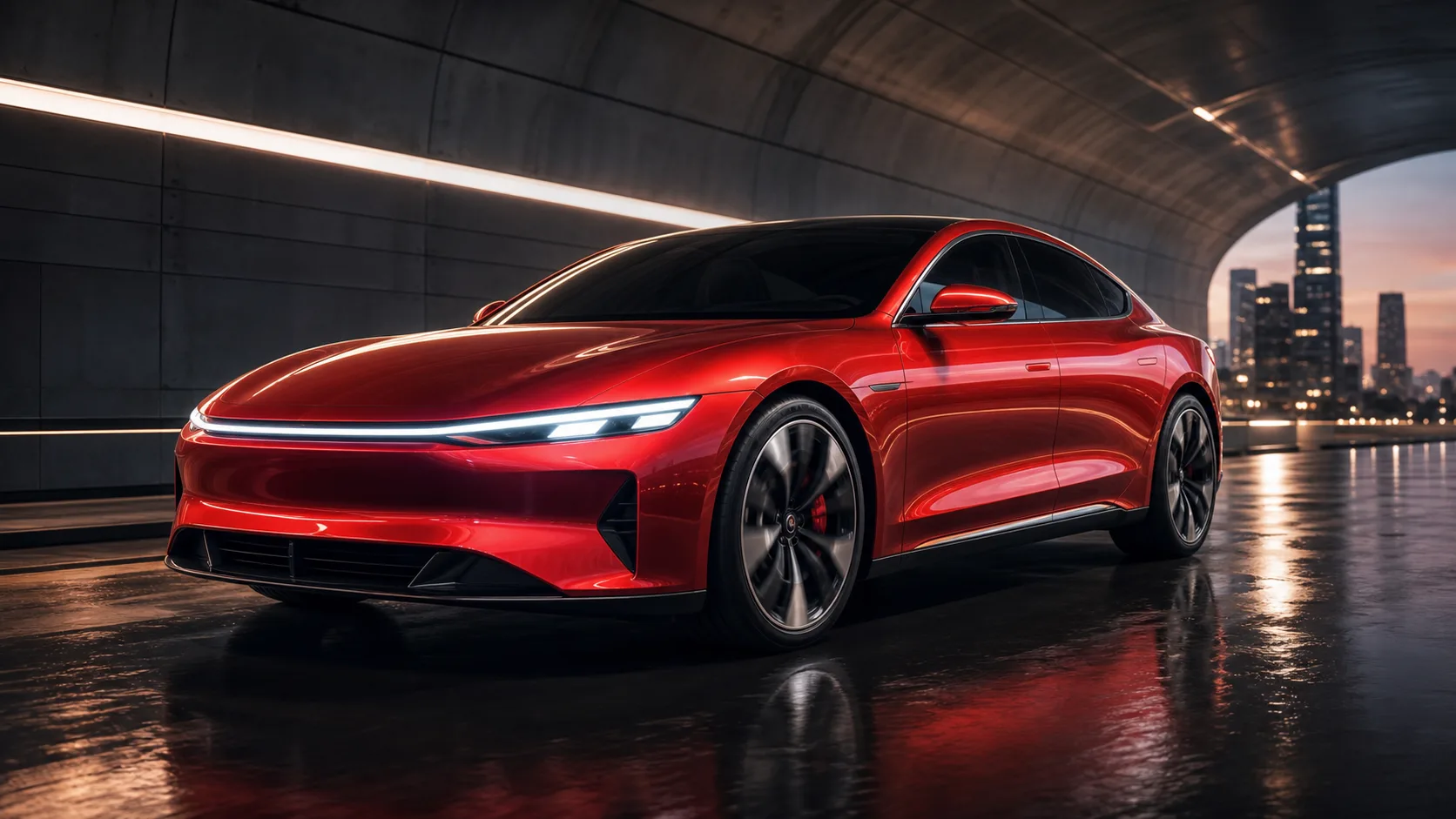 AI 生成的紅色電動車商業算圖圖,情境為現代建築隧道