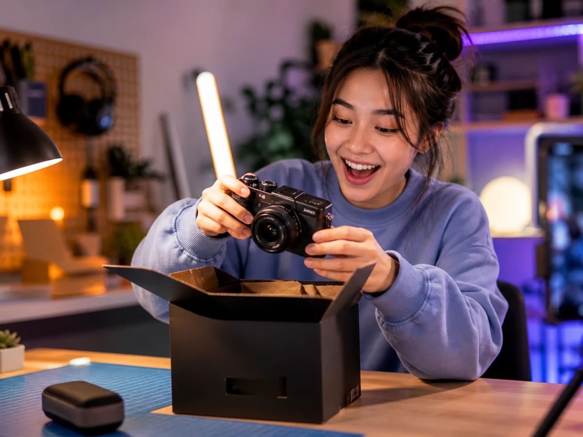 HappyHorse 1.0 social media scene with a creator unboxing a compact camera