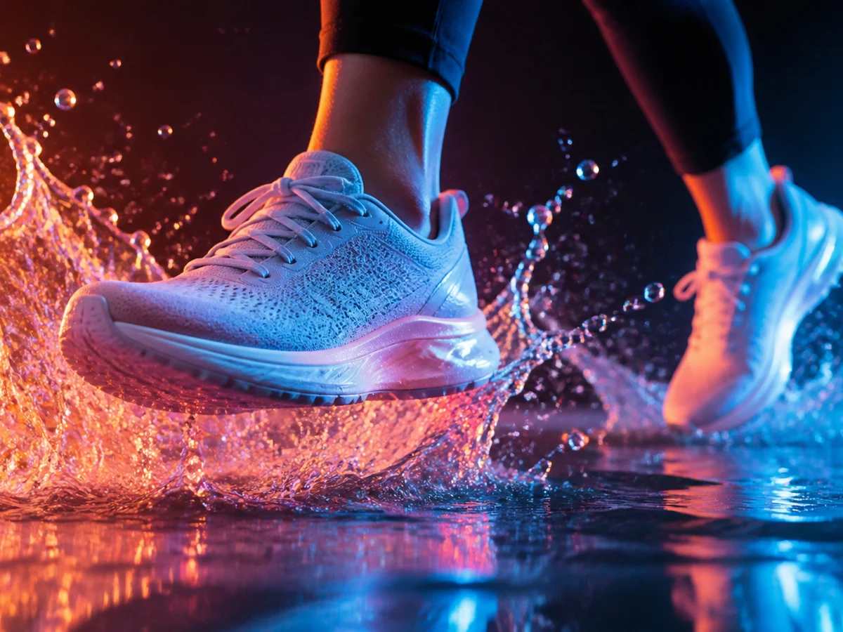 HappyHorse 1.0 product video scene with running shoes splashing through studio water