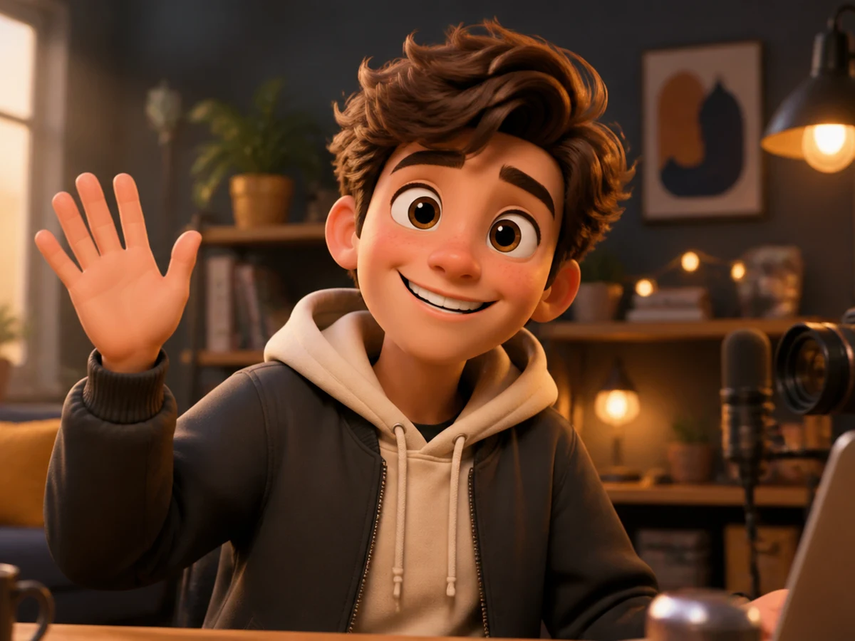HappyHorse 1.0 character animation scene with a friendly 3D mascot in a creator studio