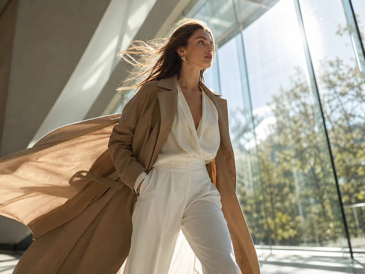 Adegan fashion lifestyle Kling 2.6 dengan model berjalan melewati atrium bermandikan cahaya matahari