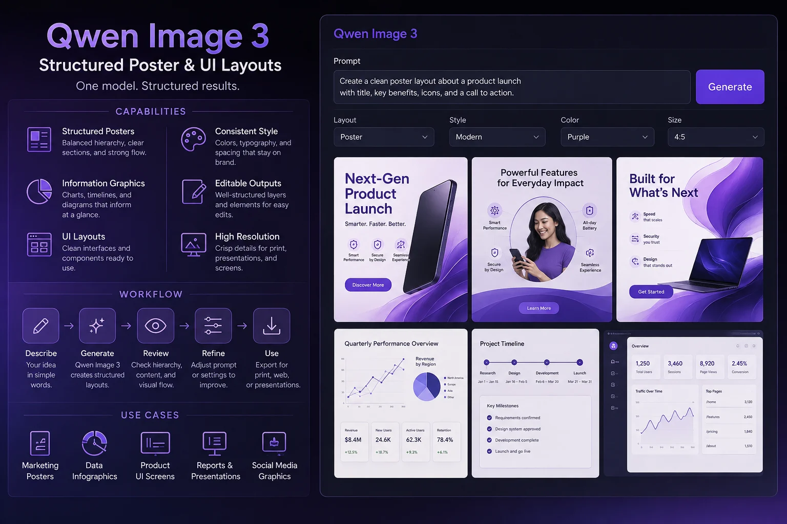 Qwen Image 3 structured poster and interface layout example