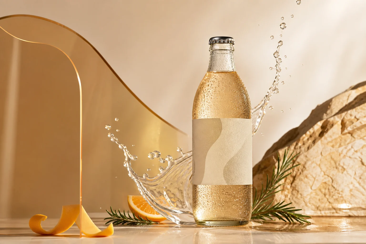 Commercial skincare campaign concept with bottles, botanical ingredients, and an organized advertising layout