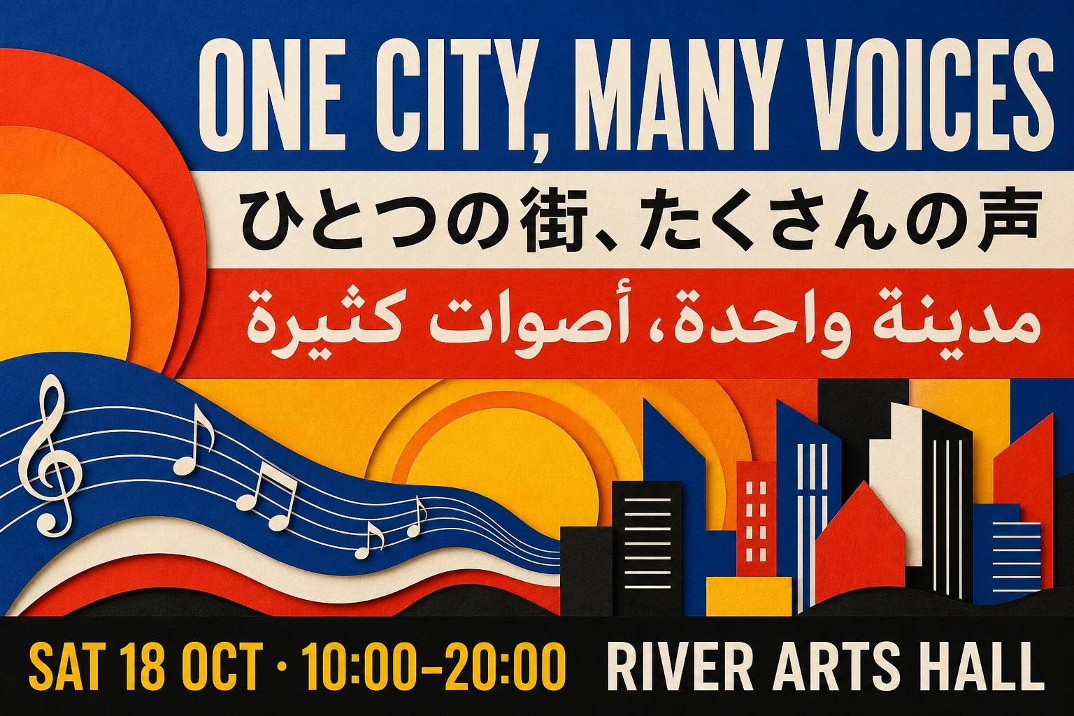 Multilingual cultural event poster concept using several writing systems in one balanced layout