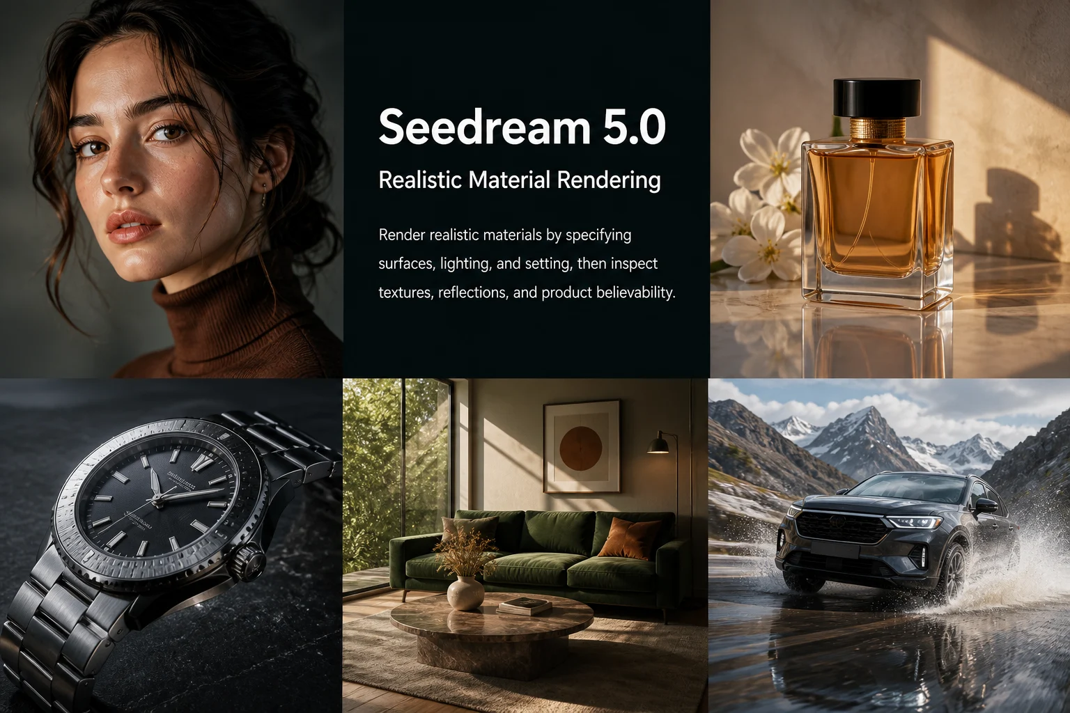 Ejemplo de renderizado realista de materiales generado con Seedream 5.0.