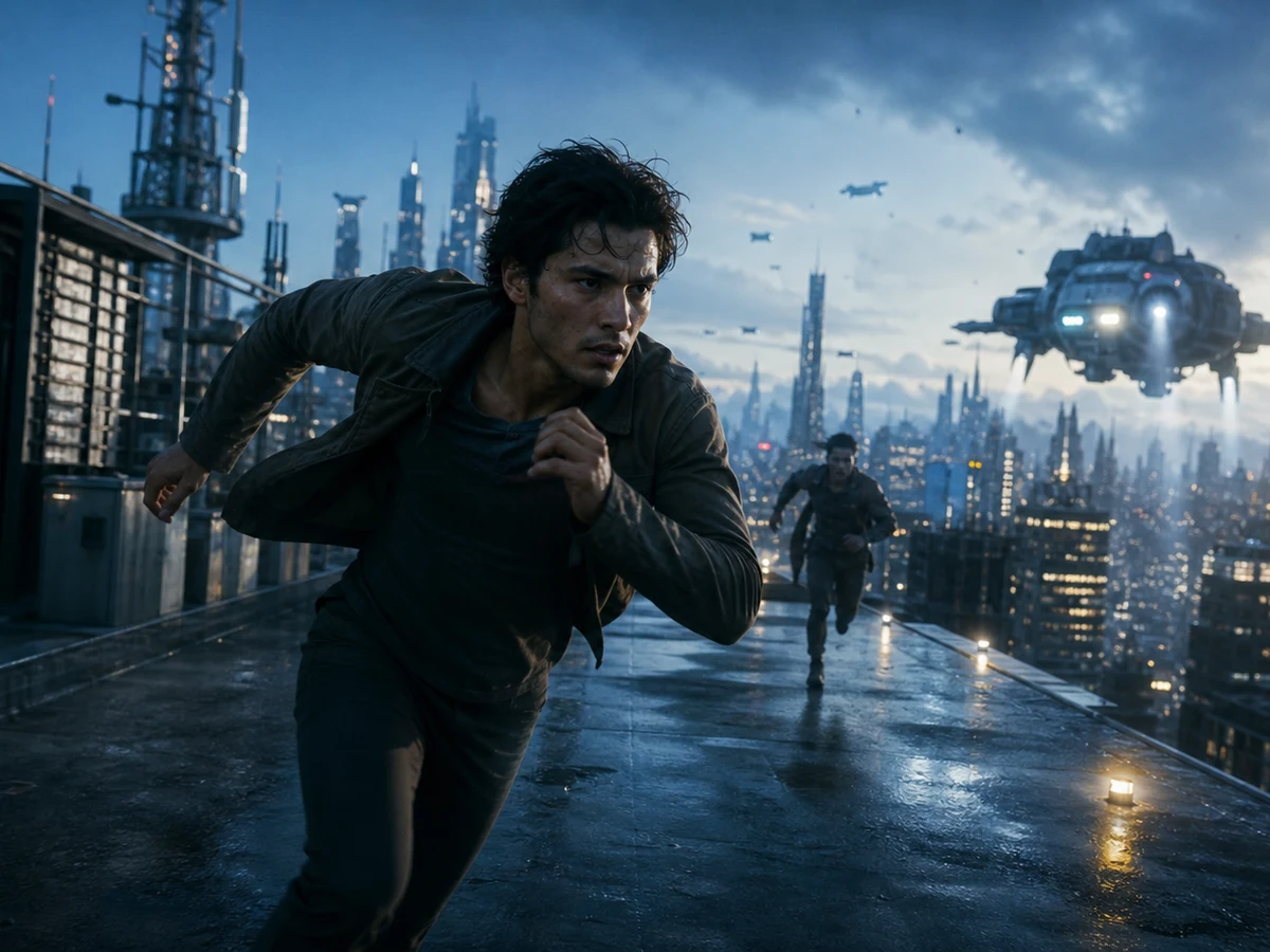 Adegan pra-visualisasi film Sora 2 dengan kejar-kejaran rooftop sinematik