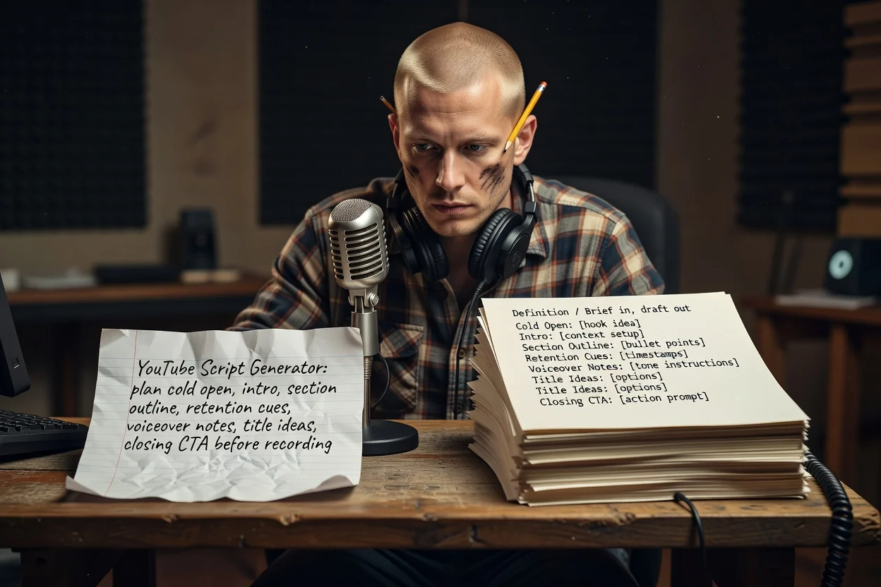 A video topic on the left and the YouTube outline it returned on the right, with title, intro, and section beats visible