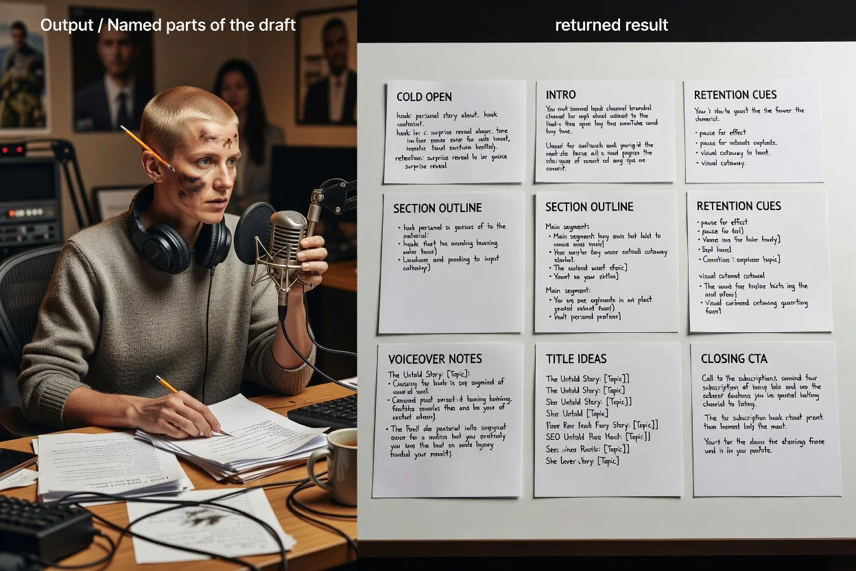 A YouTube plan showing the title options, chapter outline, and spoken script side by side