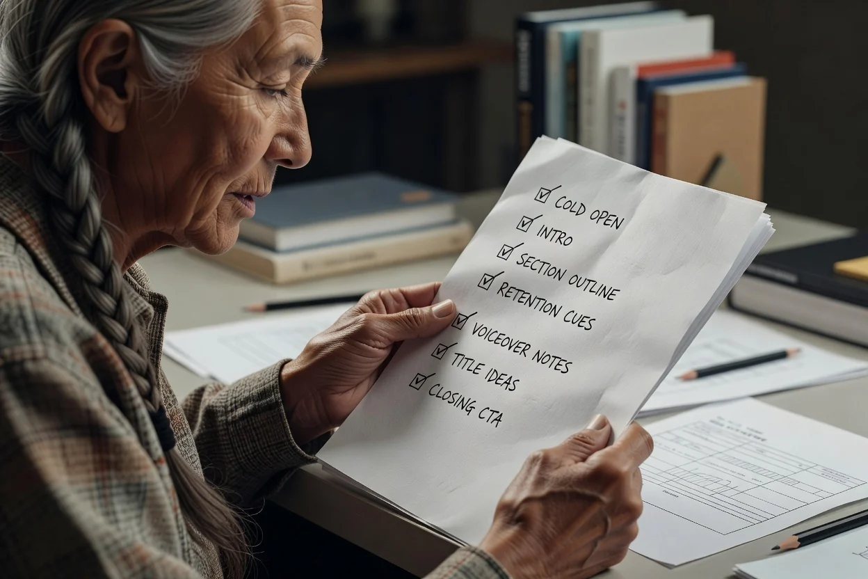 A YouTube outline under review with chapter length and hook timing marked