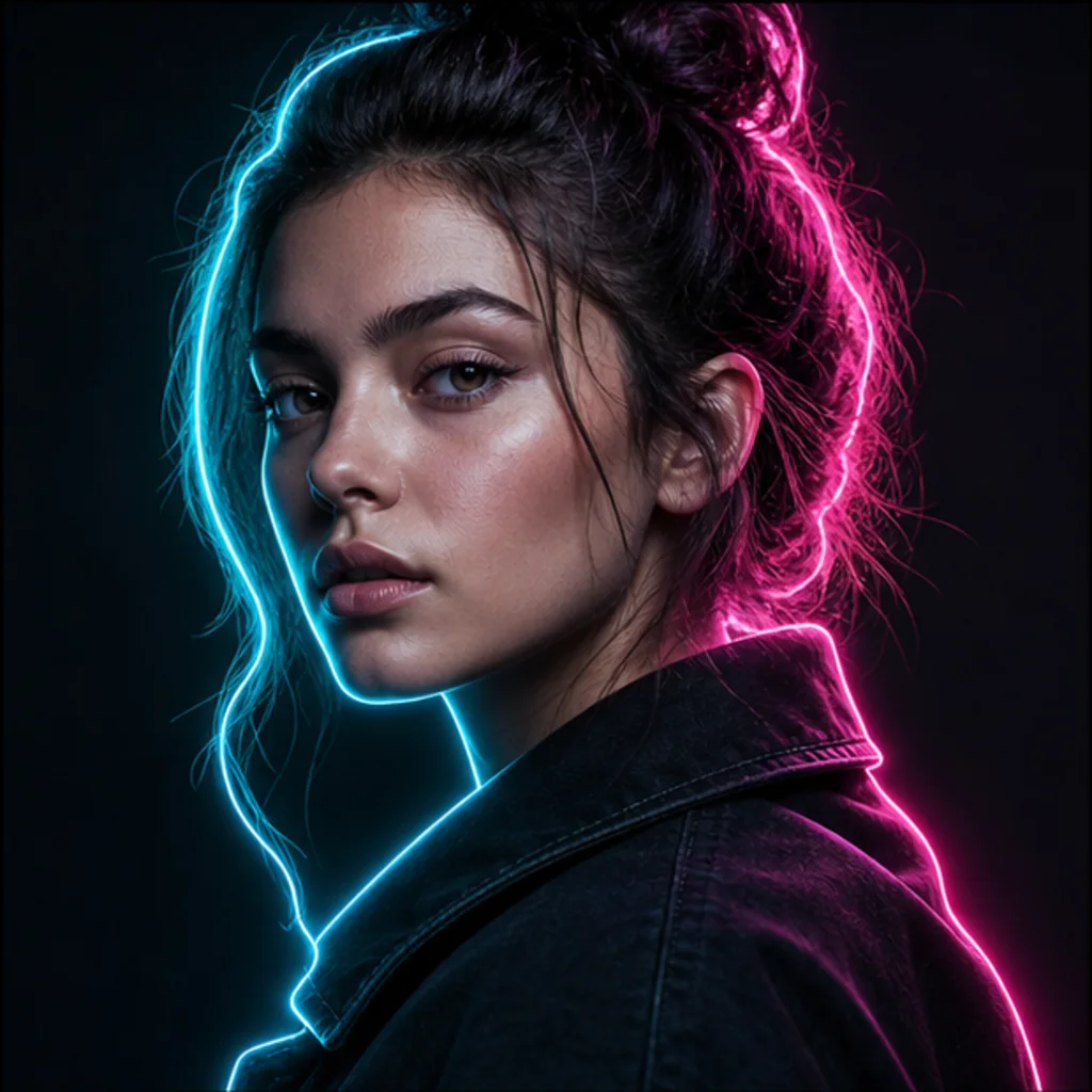Retrato con luz de contorno neón cian y magenta