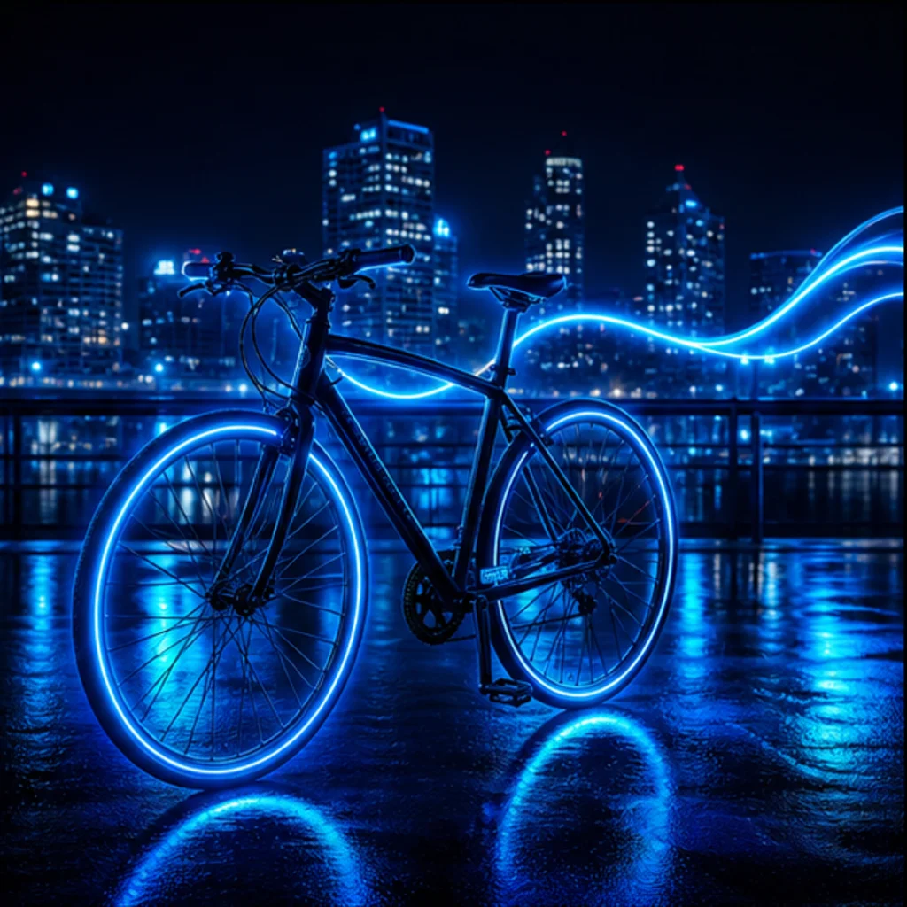 Foto nocturna de una bicicleta con estelas de luz neón azul
