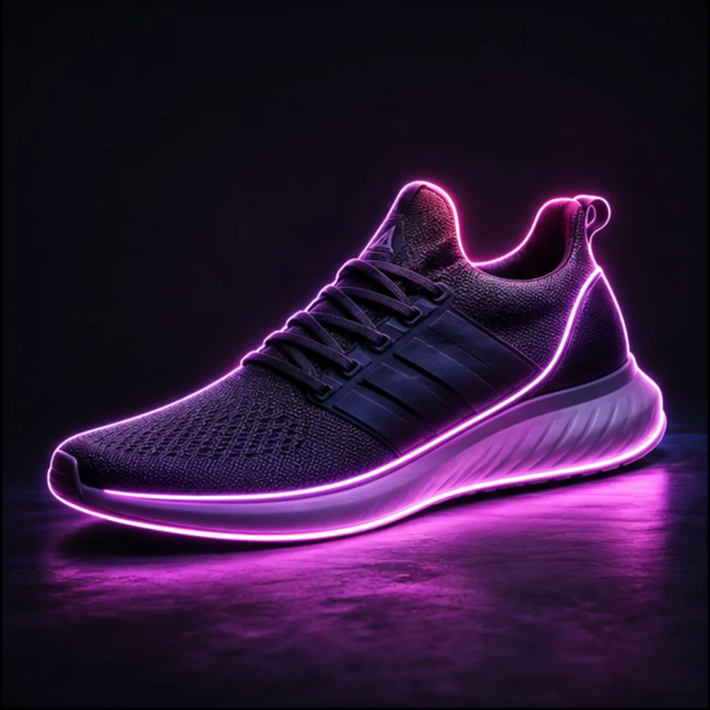Foto de producto de una zapatilla con brillo neón violeta en los bordes