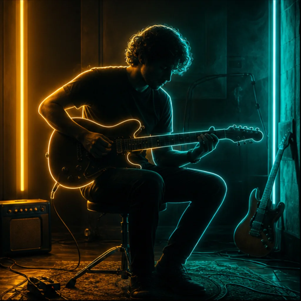 Músico en un estudio con iluminación neón ámbar y turquesa