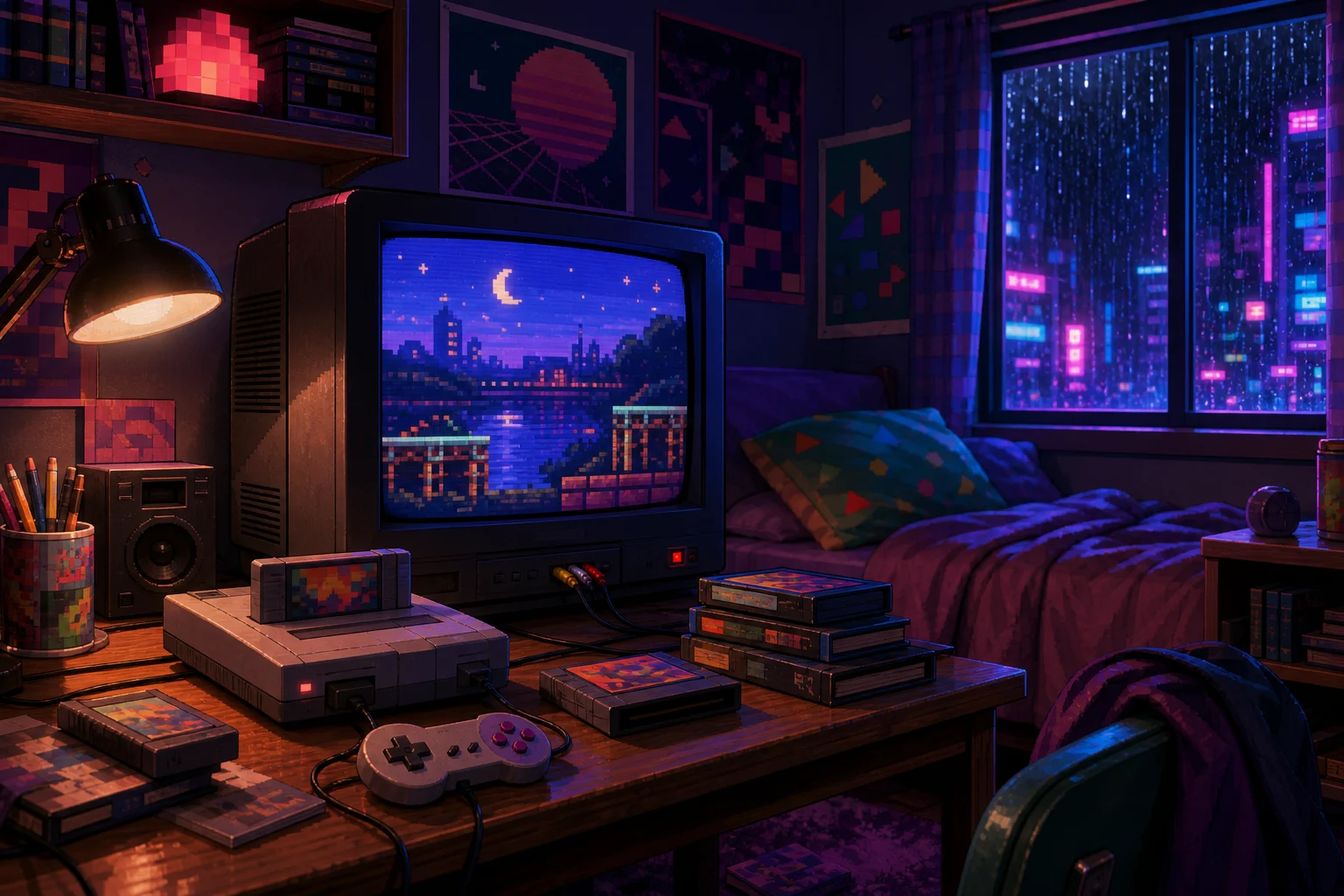 AI 90s Gaming Scene Generator sample result with a nostalgic console-era gaming room scene 1