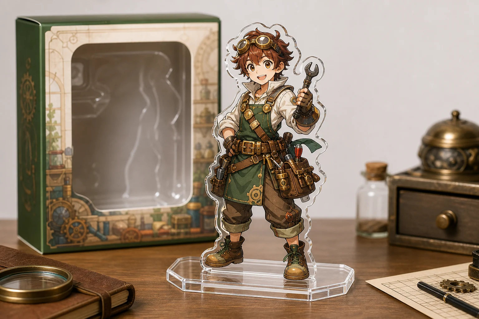 AI Acrylic Action Figure Generator sample result with a clear acrylic stand-style action figure render 3