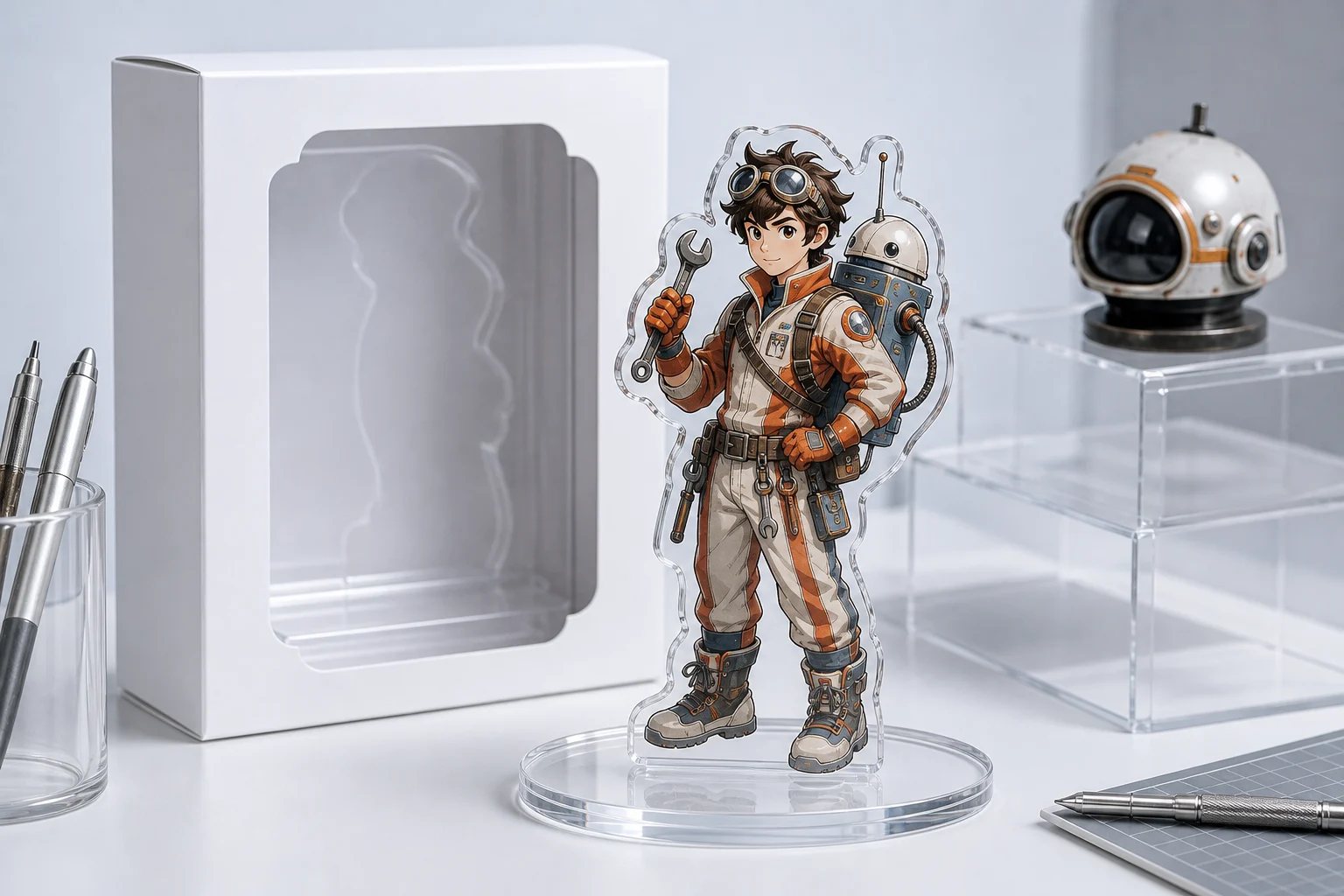 AI Acrylic Action Figure Generator sample result with a clear acrylic stand-style action figure render 5