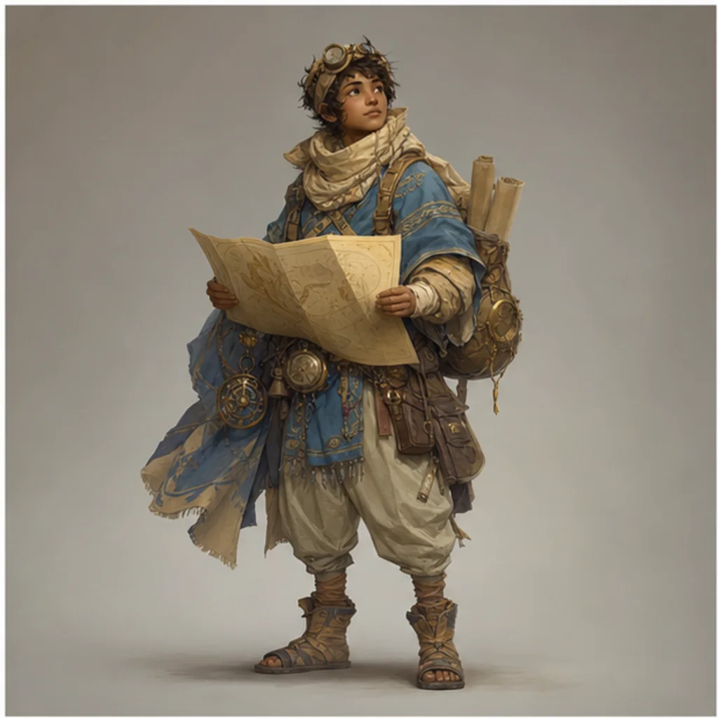 Personaje original de una cartógrafa del desierto con equipo de viaje