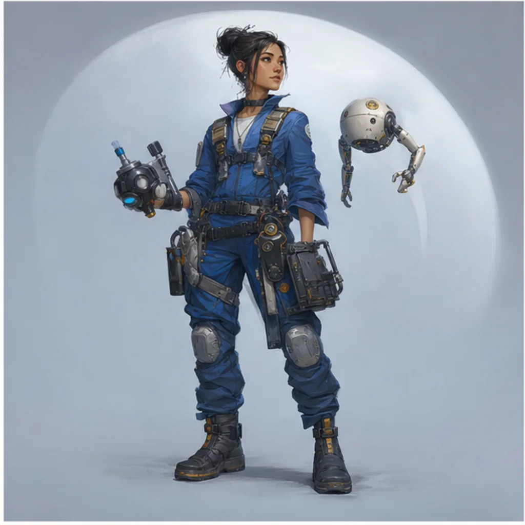 Personaje original de un mecánico orbital con ropa de trabajo azul cobalto
