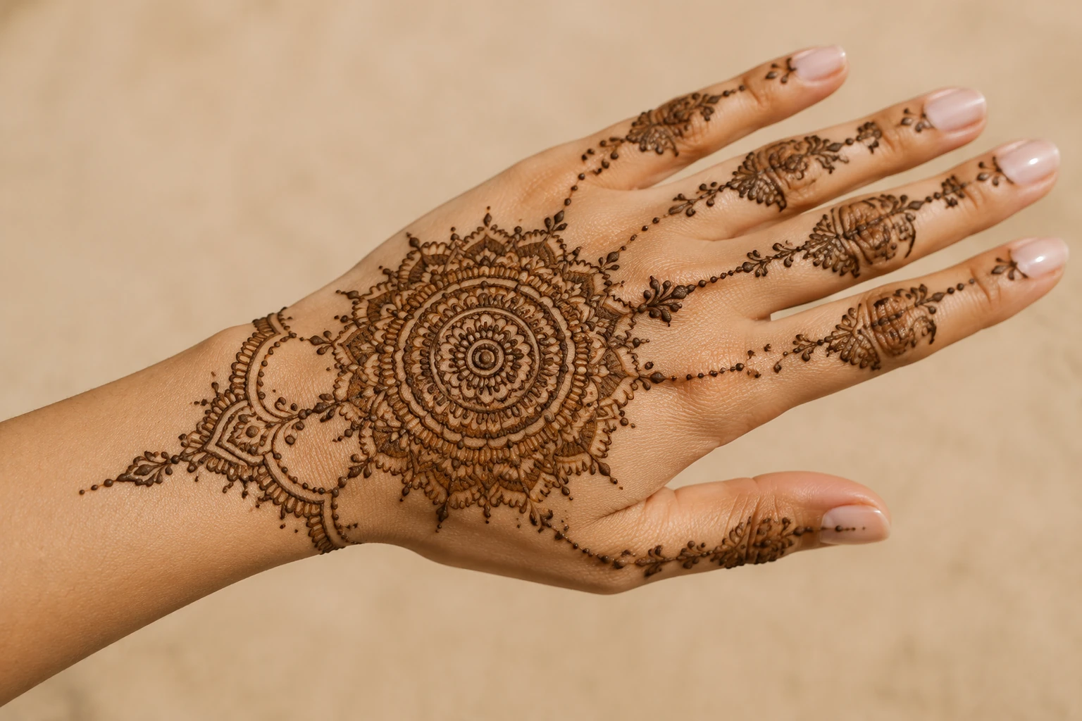 Mandala henna design on the back of a hand