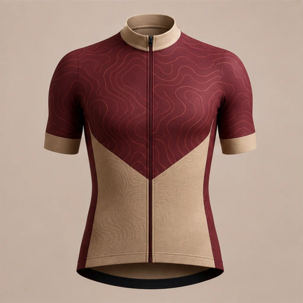 Concepto genérico de maillot de ciclismo en tonos burdeos y arena