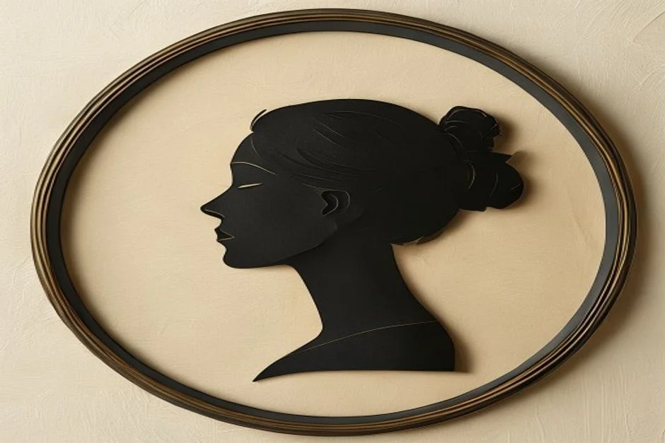 Vintage black paper-cut silhouette portrait in an oval frame