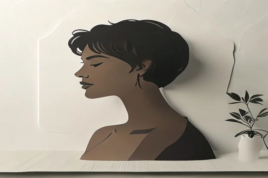 Minimal black paper-cut profile silhouette on ivory paper