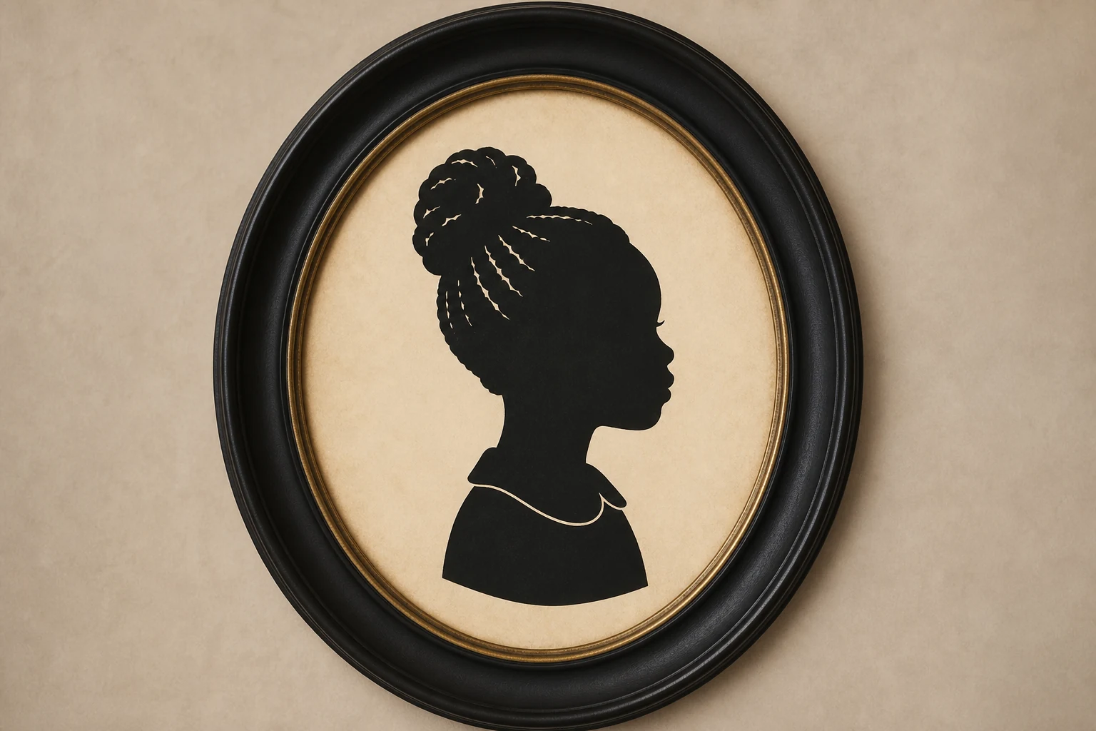 Black paper-cut silhouette portrait of a child in profile