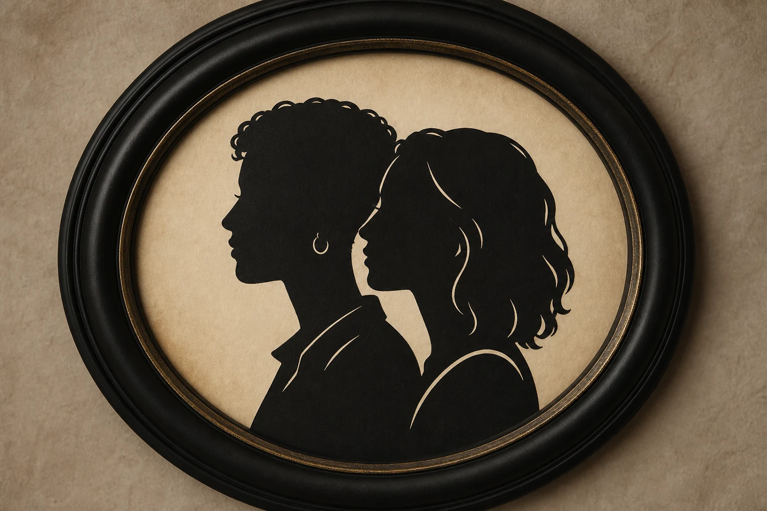 Coordinated black silhouette portraits of a couple