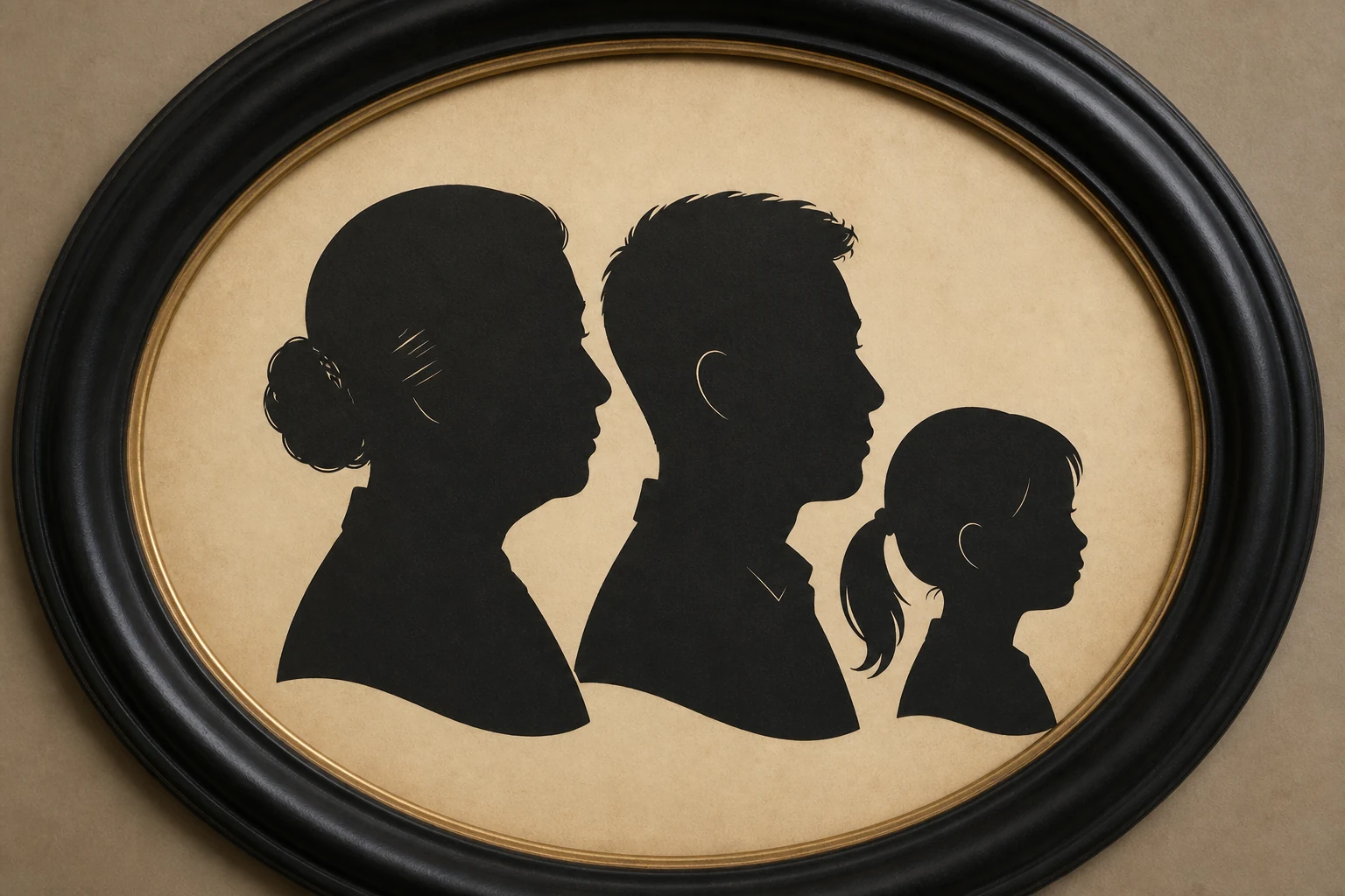 Oval framed silhouette portrait with a subtle gold accent
