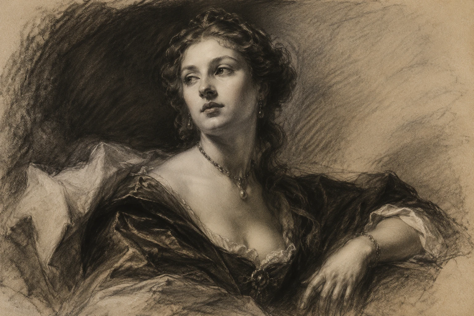 Baroque style charcoal portrait drawing