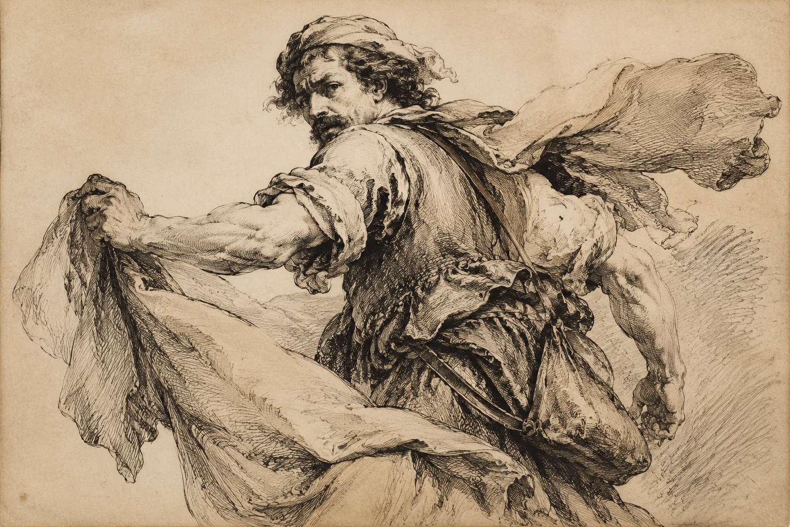 Baroque style ink figure drawing