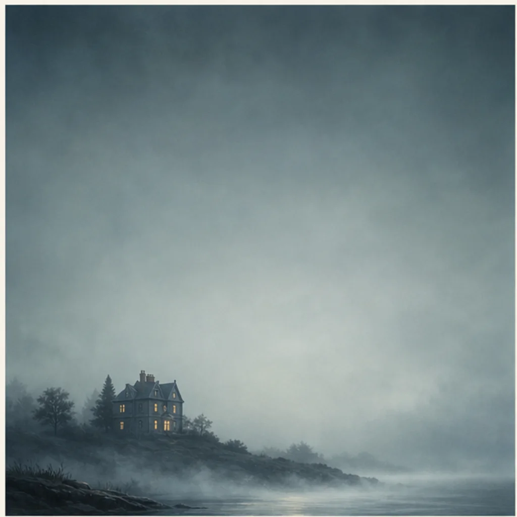 Foggy literary mystery cover concept with a distant house