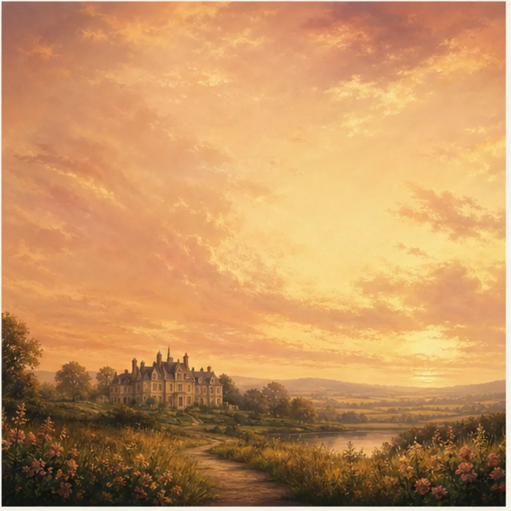 Historical romance cover concept with a manor at sunset