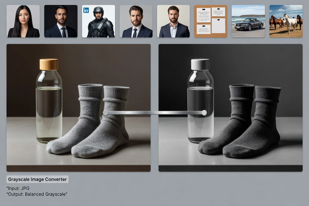 The grayscale converter with a colour photo loaded and its monochrome preview alongside.