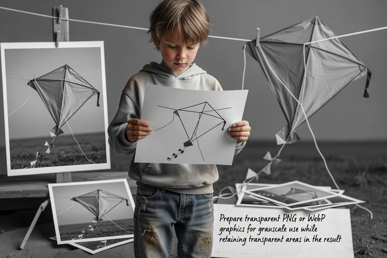 A transparent PNG logo converted to grayscale with its transparency intact.