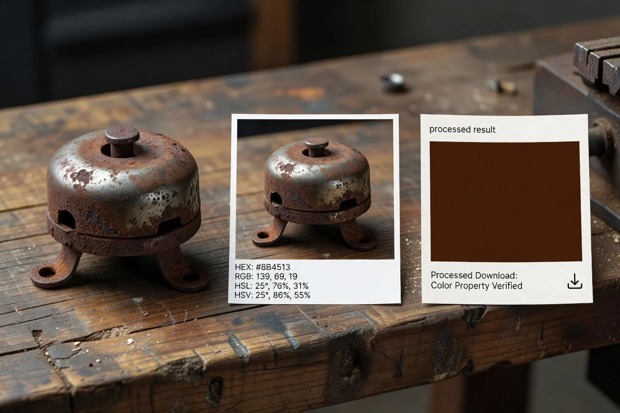 The sampled colour shown as HEX, RGB, HSL, and HSV values ready to copy.